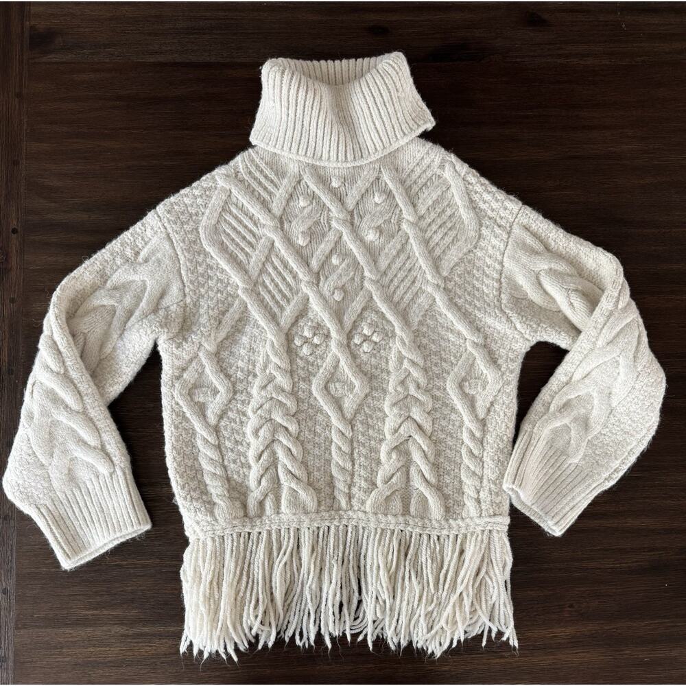 Zara Fisherman Sweater Cream Chunky Knit Fringed Hem Small - Picture 2 of 10